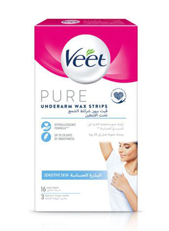 Veet Pure Underarm Wax Strips Sensitive Skin, 16 Pieces
