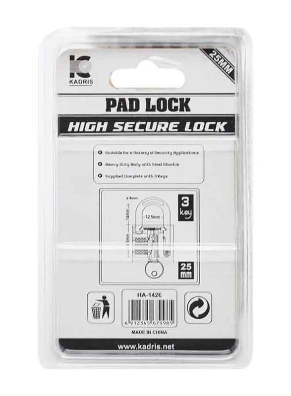 Kadris Pad Lock, BL412-1, 25mm, Multicolour