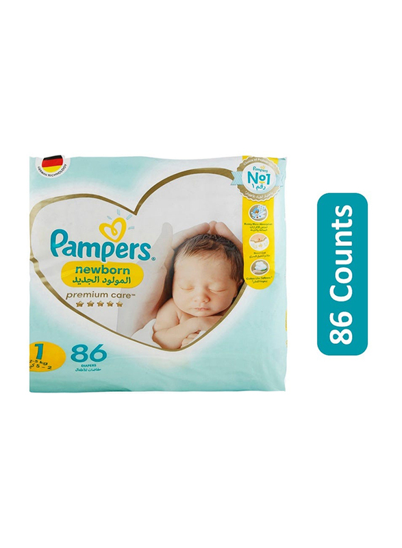 Pampers Premium Care Diapers, Size 1, Newborn, 2-5 kg, 86 Counts