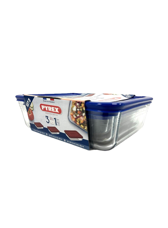 Pyrex 3-Piece Cook & Freeze 3-in-1 Glass Dishes Set with Plastic Lid, 1.5L + 0.8L + 2.6L, Blue