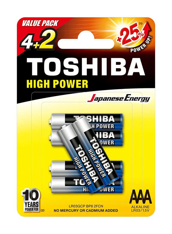 Toshiba AAA Alkaline Batteries, 6 Pieces, Multicolour