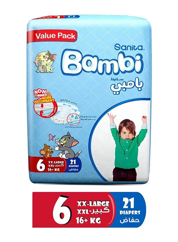 Sanita Bambi Baby Diapers Value Pack Size 6, Xx-Large, 18Kg+ - 21 Count