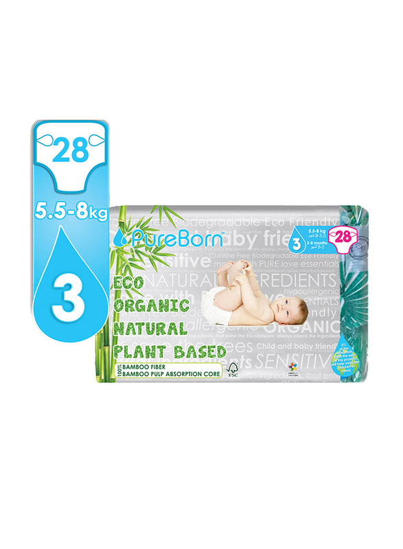 

Pure Born PureBorn Organic Bamboo Diapers - 5.5-8 Kg, Size 3 - 28 Counts