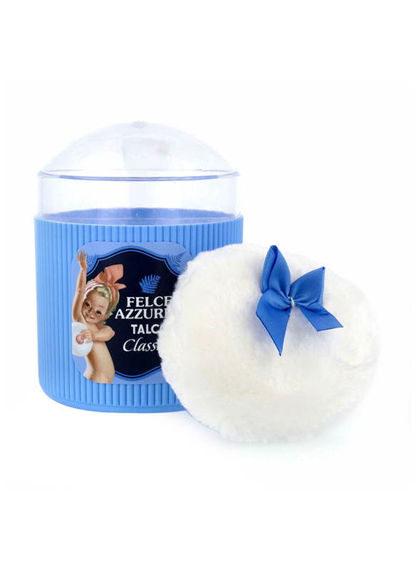 Felce Azzurra Talcum Powder Bottle with Puff, 250gm, Blue, White