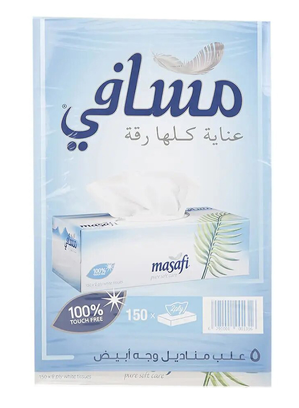 Masafi Tissue Pure Soft Care 2 Ply White Tissue Box Set, 150 x 5 Pieces