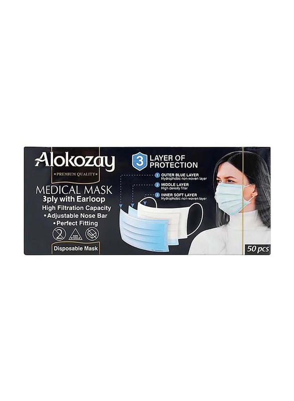 Alokozay Disposable 3ply Face Masks with Ear Loop, 50 Pieces