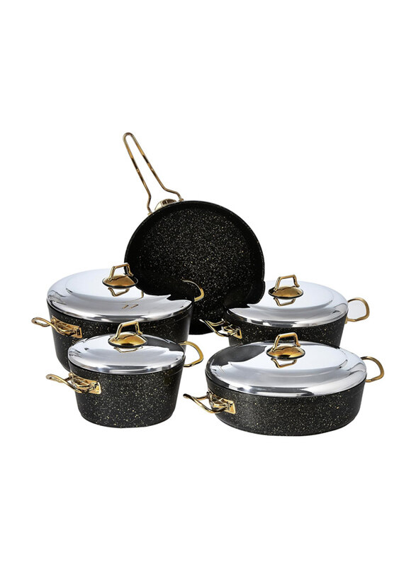 

Home Maker 9-Piece Non-Stick Round Granite Cookware Set with Lid, Black/Gold