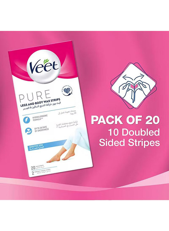 Veet Pure Legs and Body Wax Strips, 20 Strips