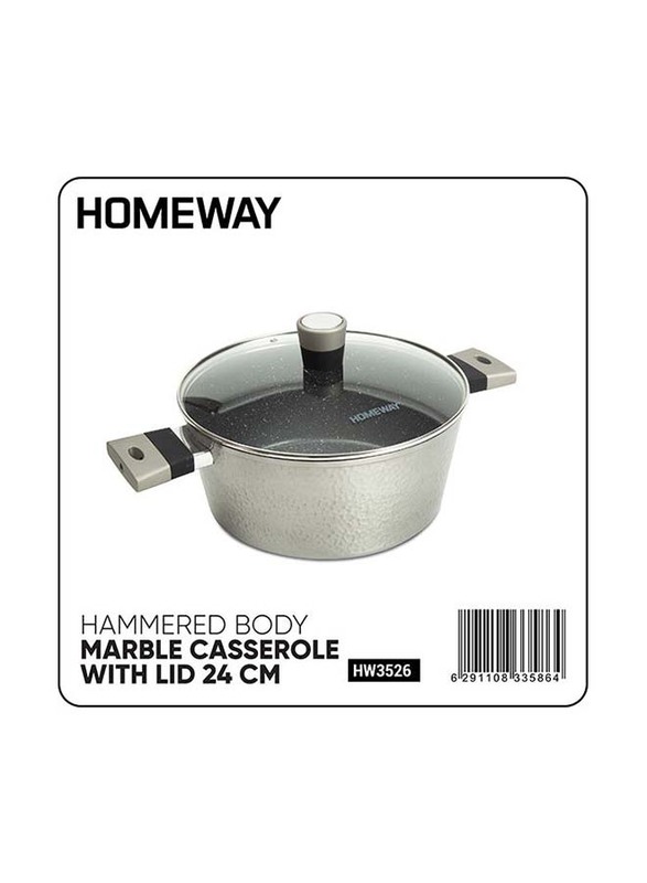Homeway 24cm Hamered Marble Casrol with Lid, Grey