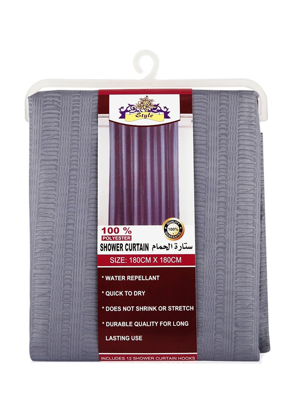 Style PVC 12 Hooks Shower Curtain, Grey, 180 x 180cm