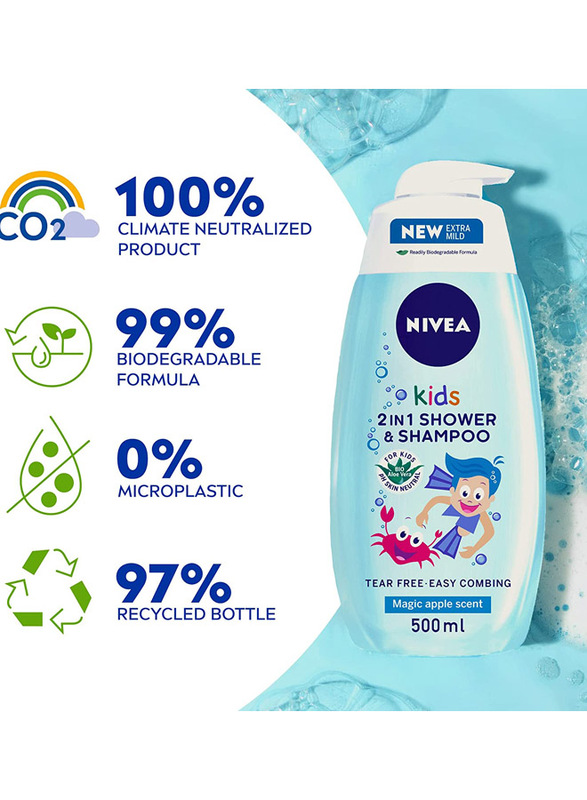 Nivea 500ml Magic Apple Scent 2 in 1 Shower & Shampoo for Babies, Blue