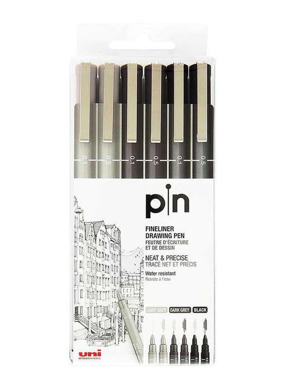 Uniball 6-Piece Fine Liner Uni Pin, Black/Grey
