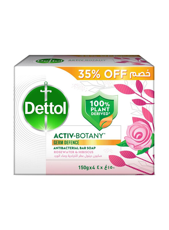 

Dettol Activ-Botany Antibacterial Bar Soap Rose Water And Hibiscus, 4 x 150g