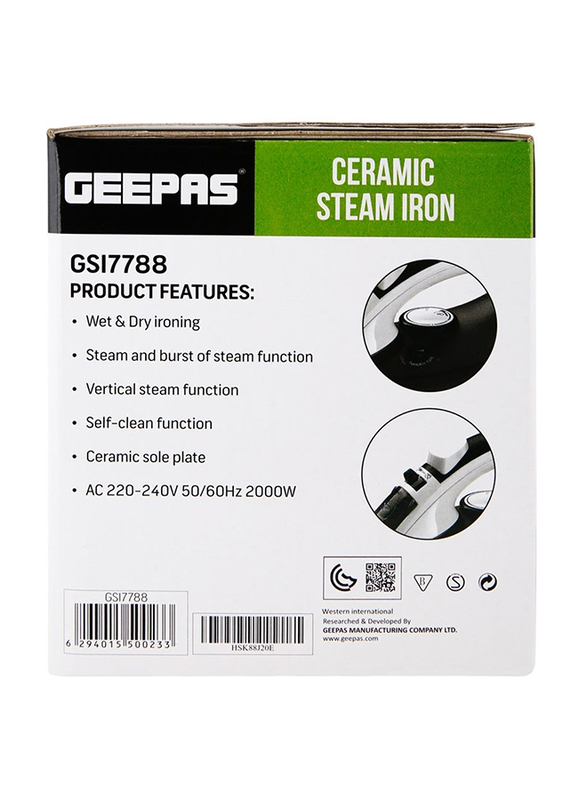 Geepas Ceramic Steam Iron 2000W, Grey/White