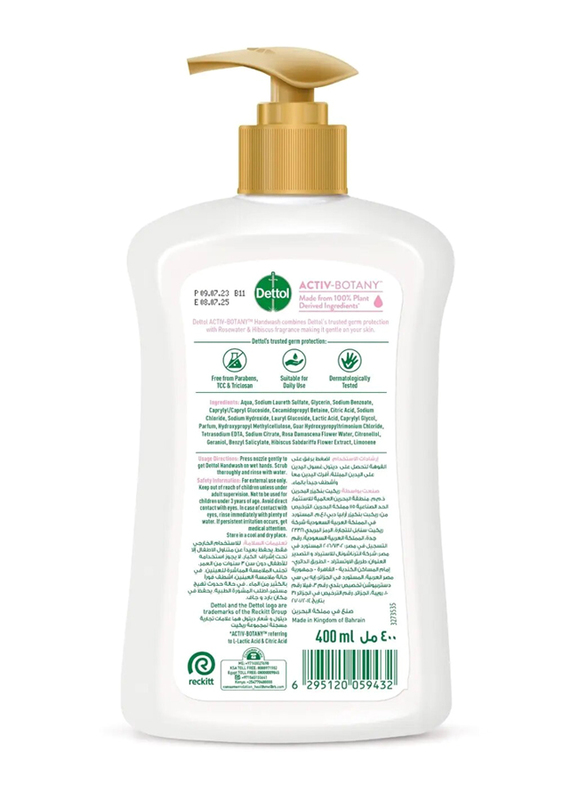 Dettol Active Botany Antibacterial Hand wash Rose Water & Hibicus, 400ml