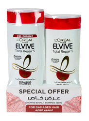 L'Oreal Paris Elvive Total Repair 5 Shampoo for Damaged Hair, 600ml + 400ml, 2 Pieces