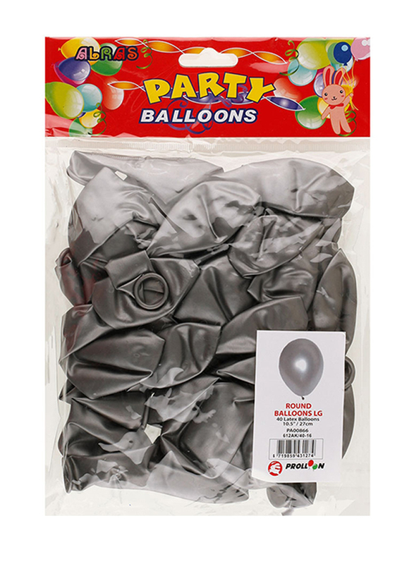 Alras Prolloon Metallic Latex Round Balloons, Medium, 40 Pieces, Silver