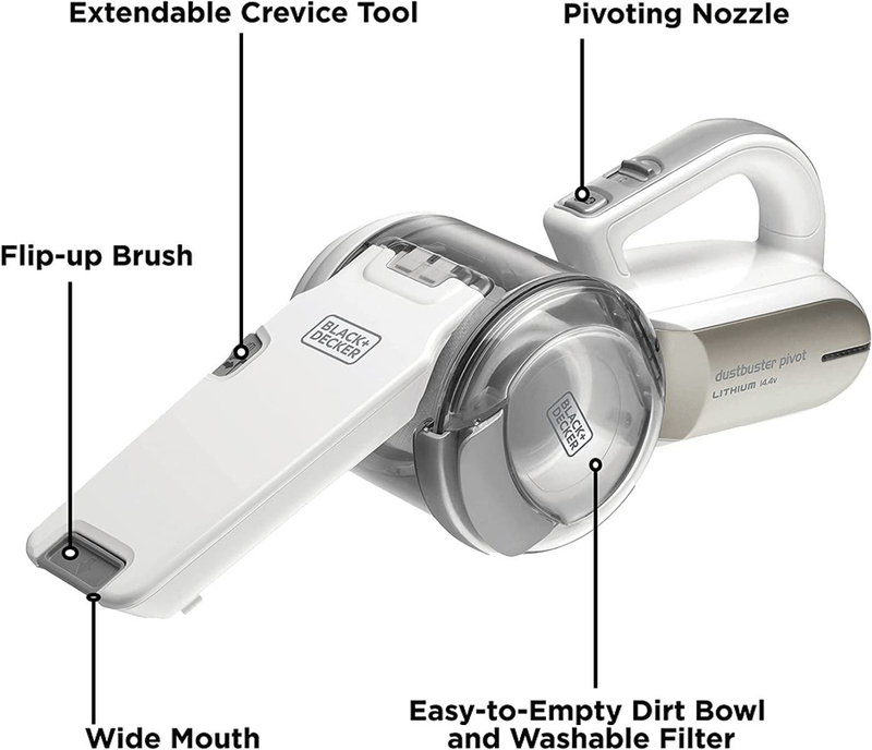 Black+Decker Lithium-ion Pivot Dustbuster/Cyclonic Hand Vacuum Cleaner, 14.4V, PV1420L-B5, 1 kg/H18.6 x W30 x D15.8 cm, White