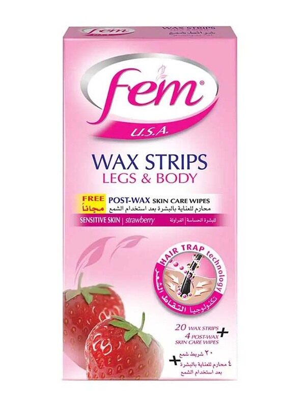 

Fem Wax Strips for Legs and Body Strawberry, 20 Strips