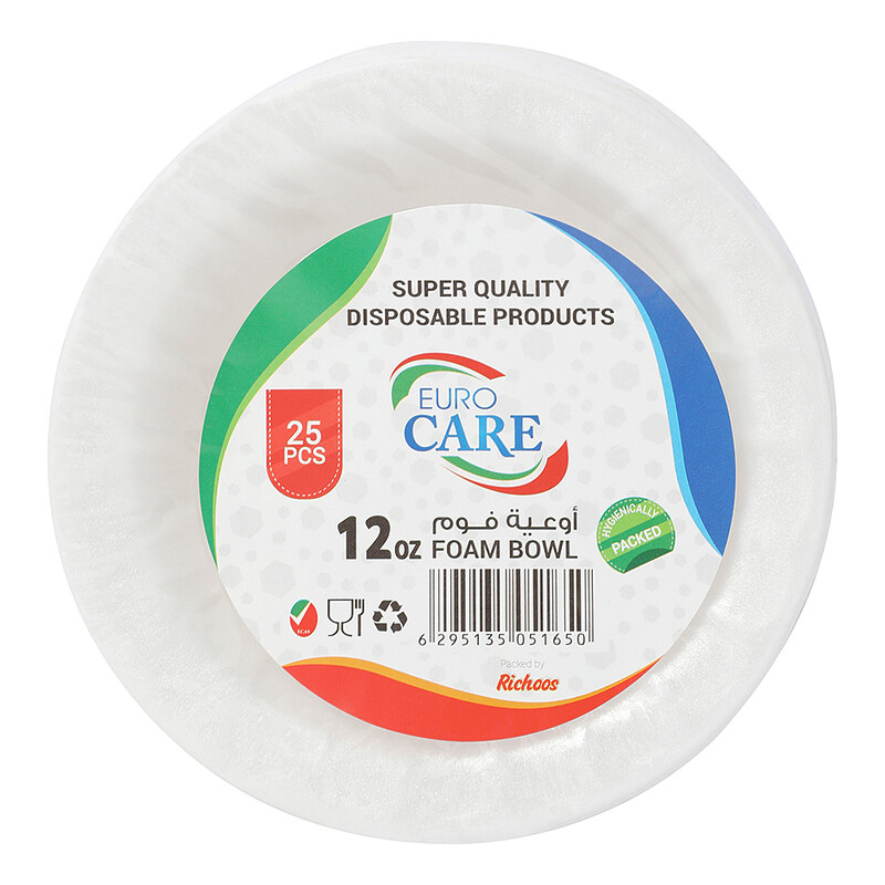 

Euro Care 12oz Super Quality Disposable Foam Bowl, 25 Pieces, White