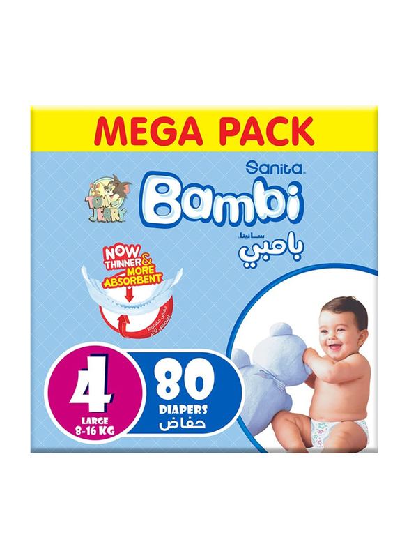 Sanita Bambi Baby Diapers, Mega Pack, Size 4, Large, 8-16 Kg, 80 Count