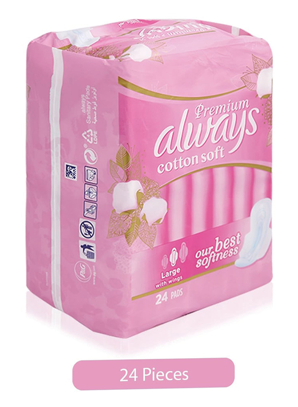 Always Premium Cotton Soft Maxi Thick Sanitary Pads, Large, 24 Pieces