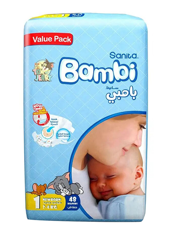 Sanita Bambi Baby Diapers Value Pack Size 1, New Born, 2-4 Kg - 48 Count