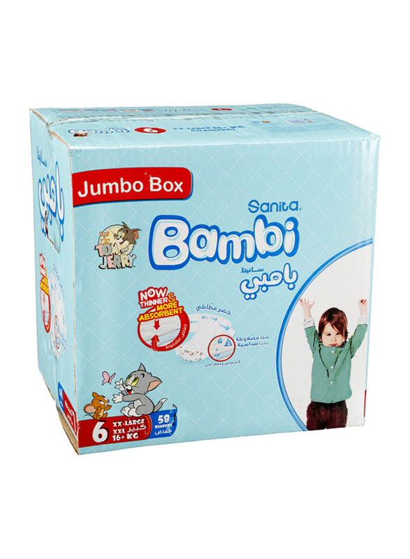 Sanita Bambi Baby Diapers, Size 6, XX-Large, Junior, 16+ kg, 58 Counts