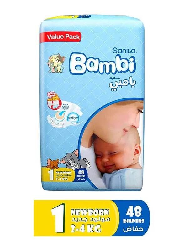 Sanita Bambi Baby Diapers Value Pack Size 1, New Born, 2-4 Kg - 48 Count