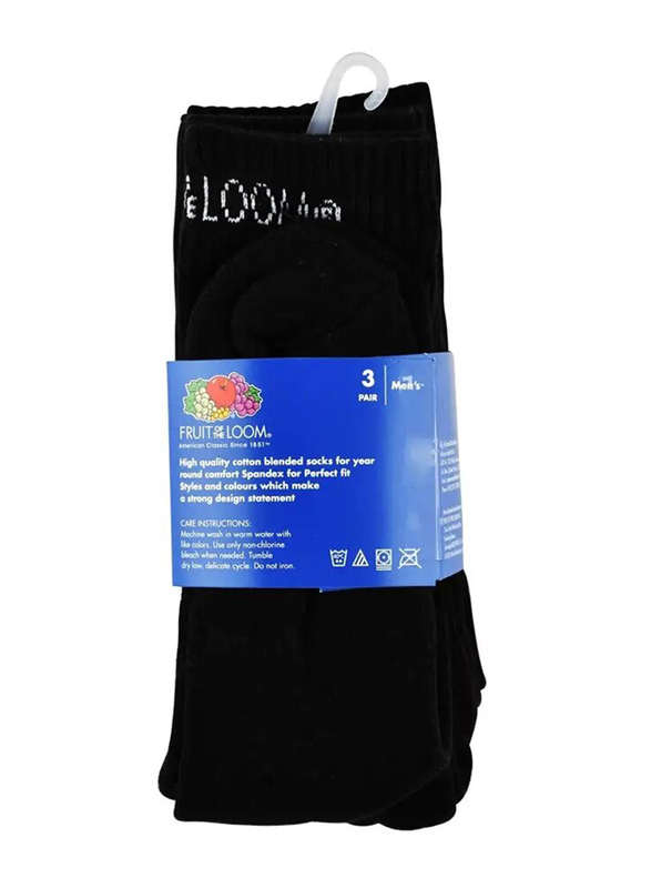 Fruit Of The Loom Full Cushion Crew Socks for Men, Black, 39/42, 3 Pairs