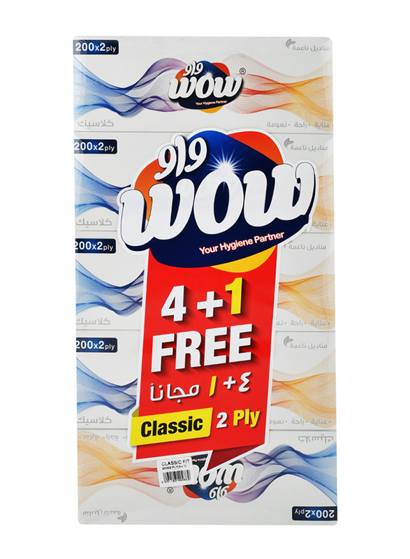 Wow Classic Soft Facial Tissue, 5 x 200 Sheets