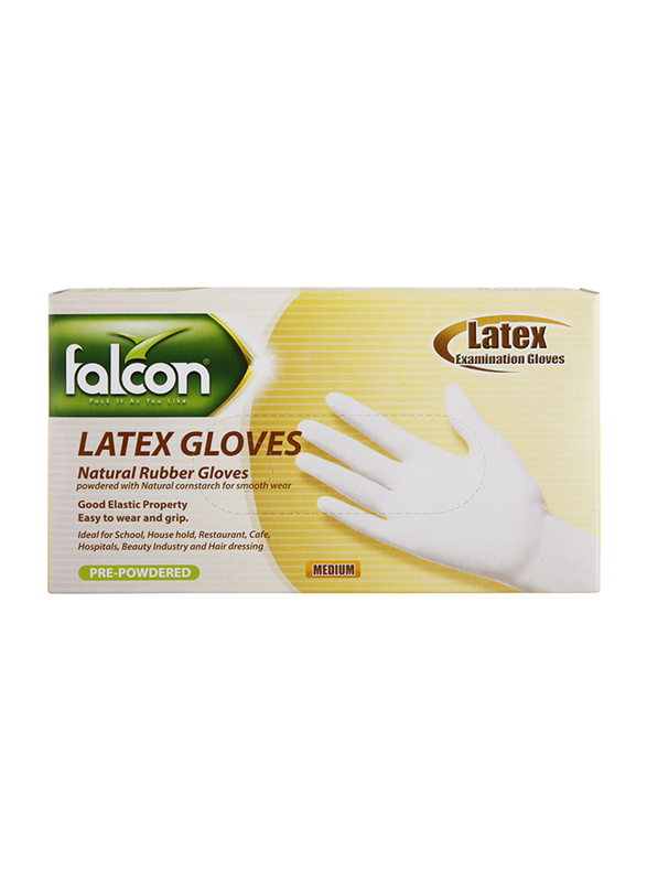 Falcon Natural Rubber Examination Latex Gloves, White, 100 Pieces