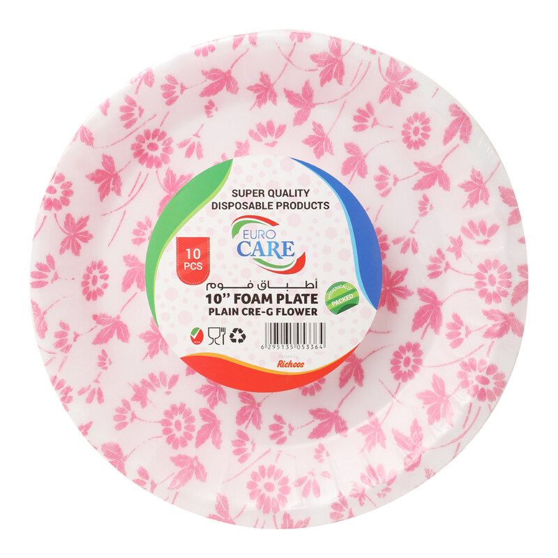 

Euro Care 10-inch Super Quality Disposable Plain Cre-G Flower Foam Plates, White/Pink