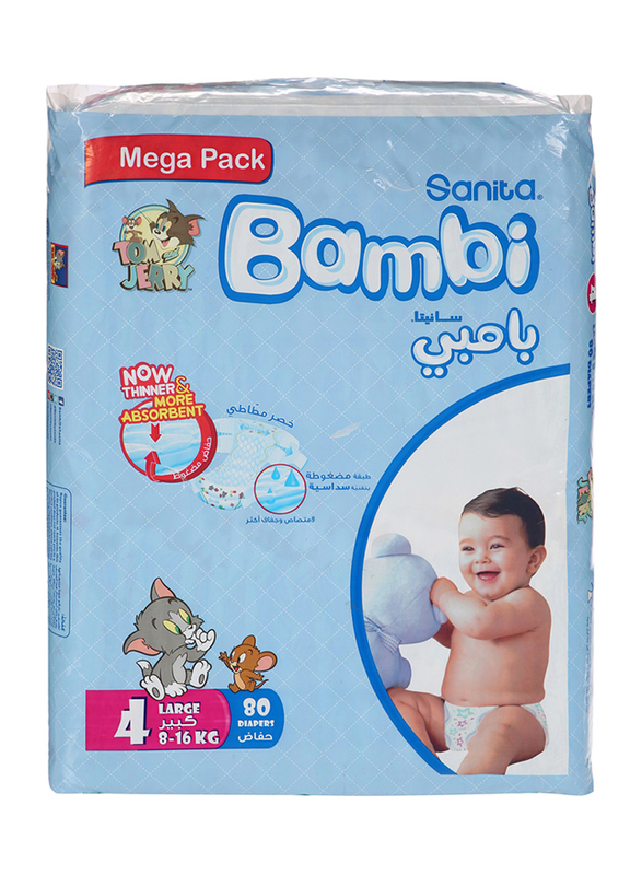Sanita Bambi Baby Diapers, Size 4+, Large, Junior, Mega Pack, 8-16 kg, 80 Counts