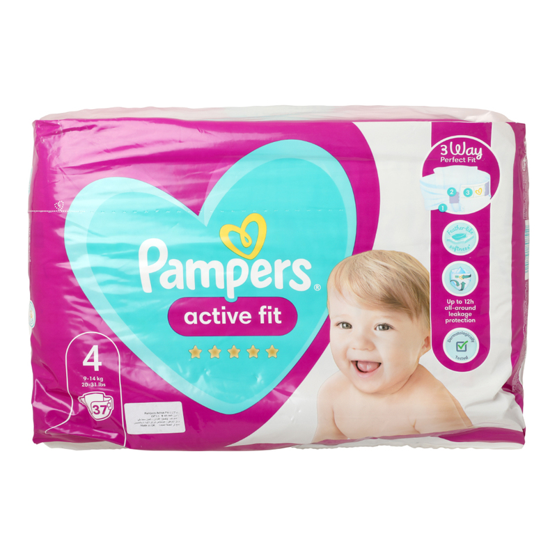 Pampers Active Fit Baby Nappy, Size 4, 9-14 kg, Essential Pack, 37 Count