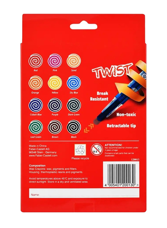 Faber Castell Twist Retractable Wax Crayon, Multicolour, 12 Pieces