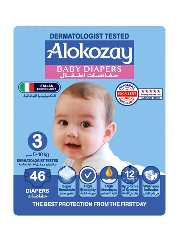 Alokozay Premium Baby Diapers, Size 3, 5-10 kg, 46 Count