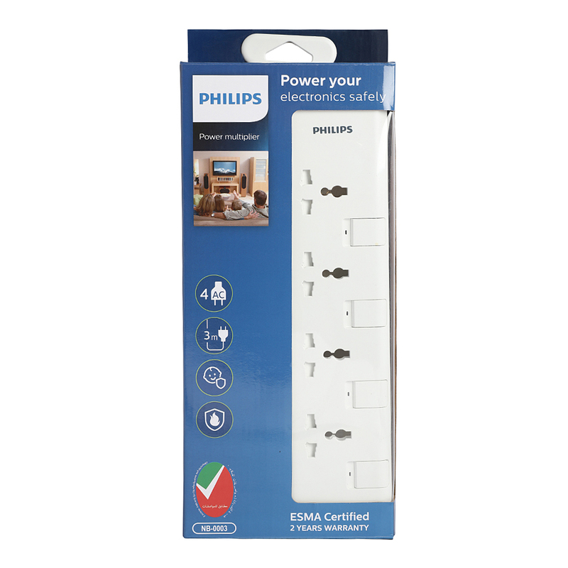 Philips 4 Way Extension Socket with Individual Switch, 3 Meter Cable, White