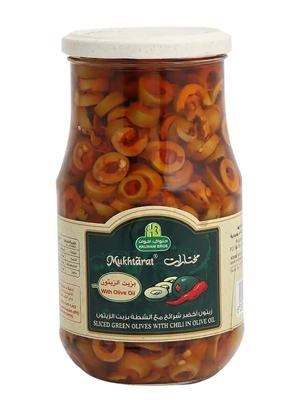 

Halwani Bros Sliced Green Olives with Chili in Olive Oil, 650g