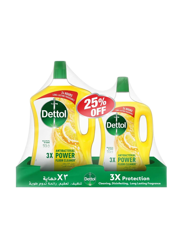 Dettol Lemon Antibacterial 3x Power Floor Cleaner, 3 Liters + 1.8 Liters, 2 Pieces