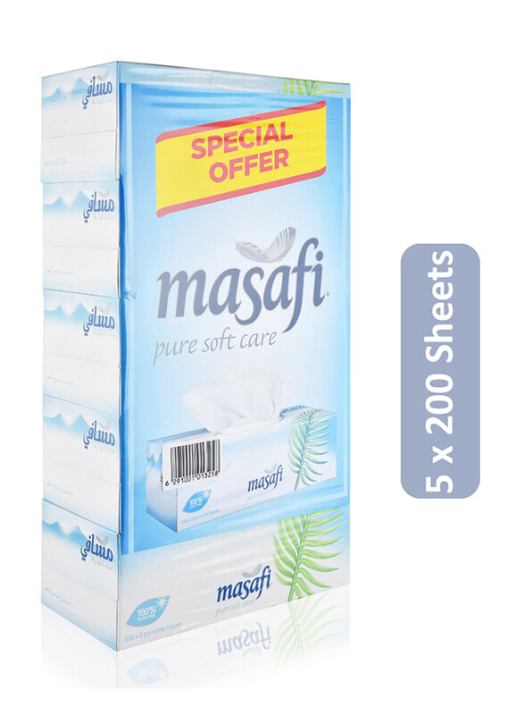 Masafi Pure Soft Care 2 Ply Facial Tissue, 5 x 200 Sheets