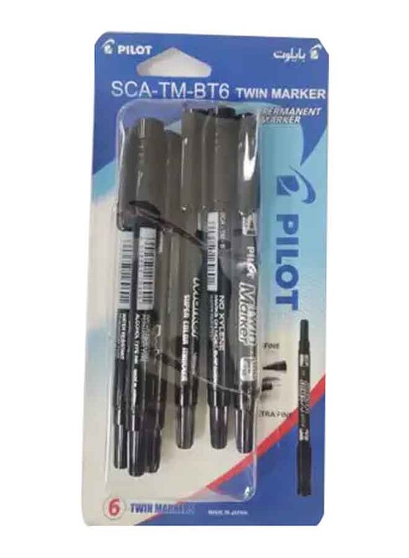 Pilot Twin Marker Fine & Ultra Fine Tip, Black, 6 Pieces