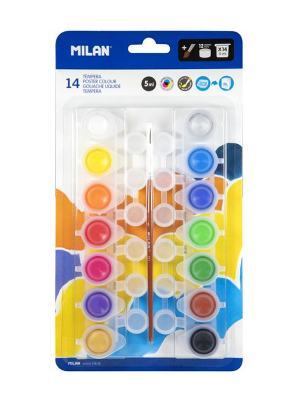 Milan Blister Pack with 14 Jars 5ml Poster Paint 12 Mixing Pots & Brush, Multicolour