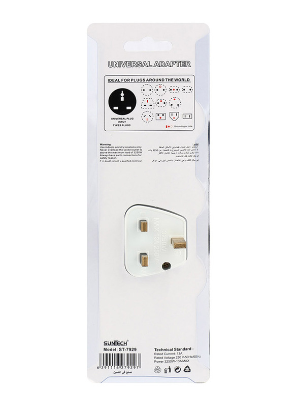 Suntech 3-Way Universal Power Extension Socket Adapter, 3250W, White