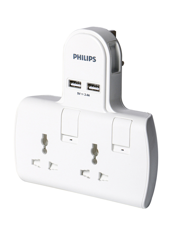 Philips 2-Way Switched Multi Adapter with 2 USB Charging Slots, White