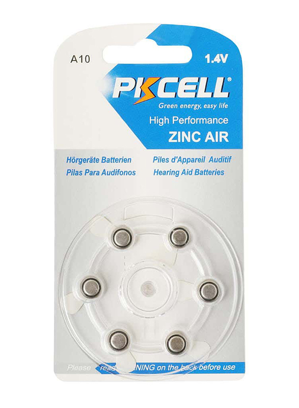 Pkcell 1.4V A10 High Performance Zinc Air Battery Set, 6 Pieces, Silver