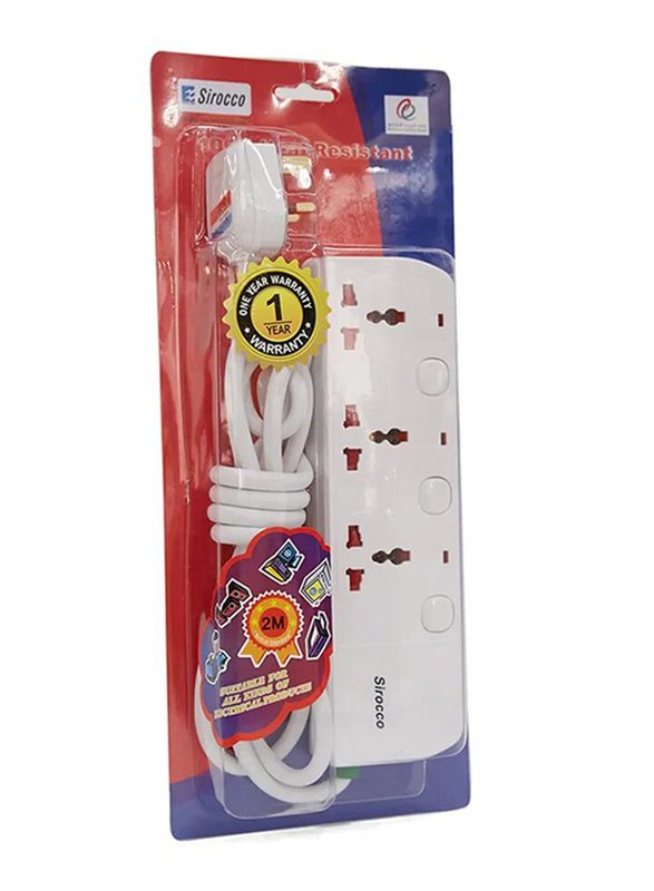 Sirocco 3-Way Extension Socket with 2 Meter Cable, UK1003S, White