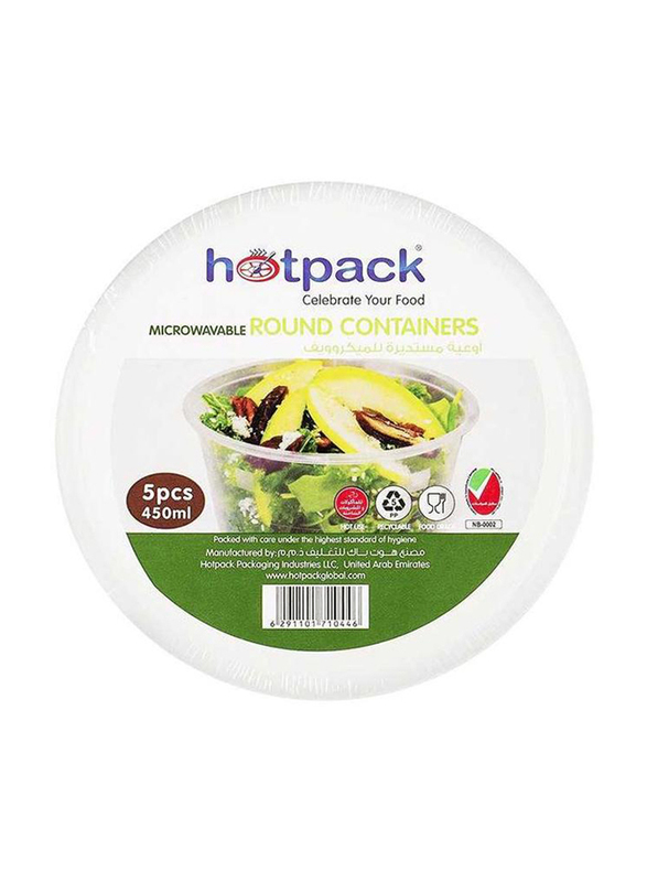 Hotpack Microwavable Round Containers, 5 Pieces, 450ml, White