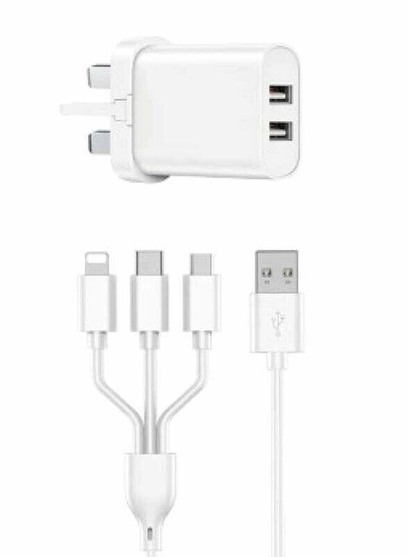 

Wiwu Quick 2.1A Dual USB Uk Fast Charger With USB To Type-C, Lightning And Micro Cable, White