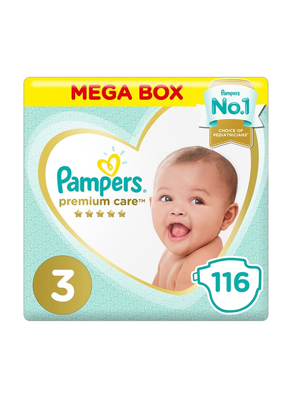Pampers Premium Care Diapers, Size 3, Midi, 6-10 kg, Mega Box, 116 Count